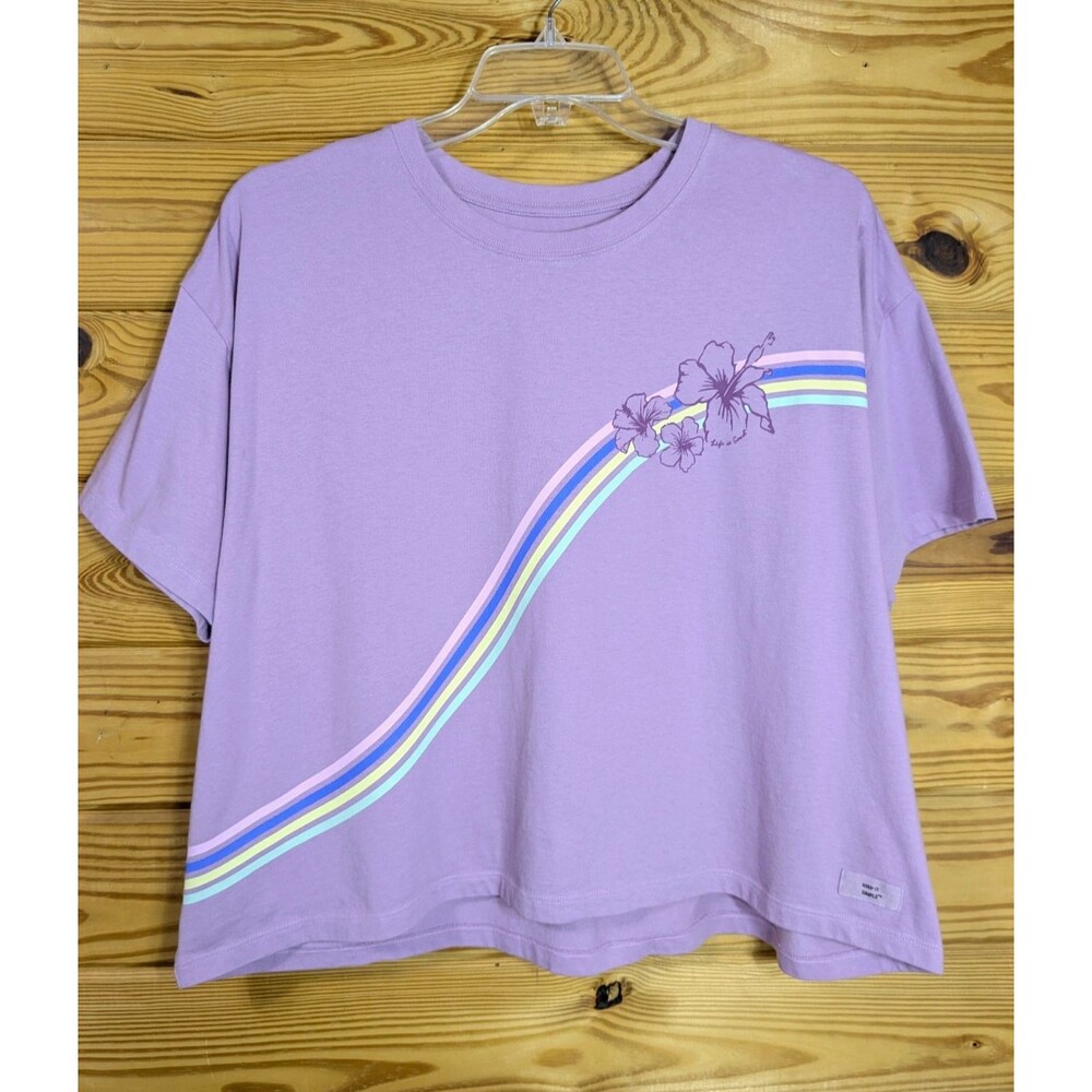 Life Is Good Boxy Crusher Hawaiian Aloha Crop Violet Purple T-Shirt Women's XXL